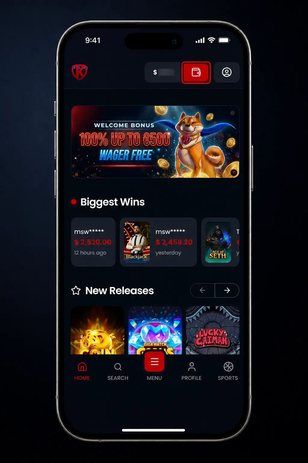 Kryptosino mobile app screen showing promo code entry field for activating a bonus during deposit