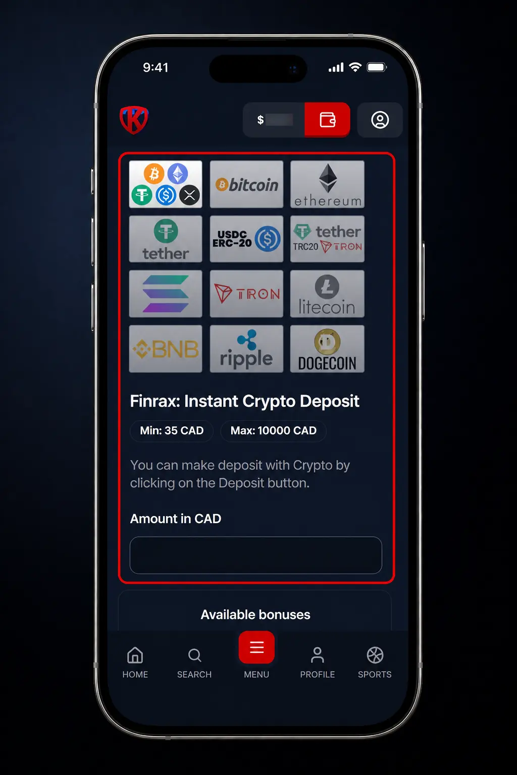 Screenshot of the Kryptosino mobile app showing steps to activate a promo code and redeem a deposit bonus