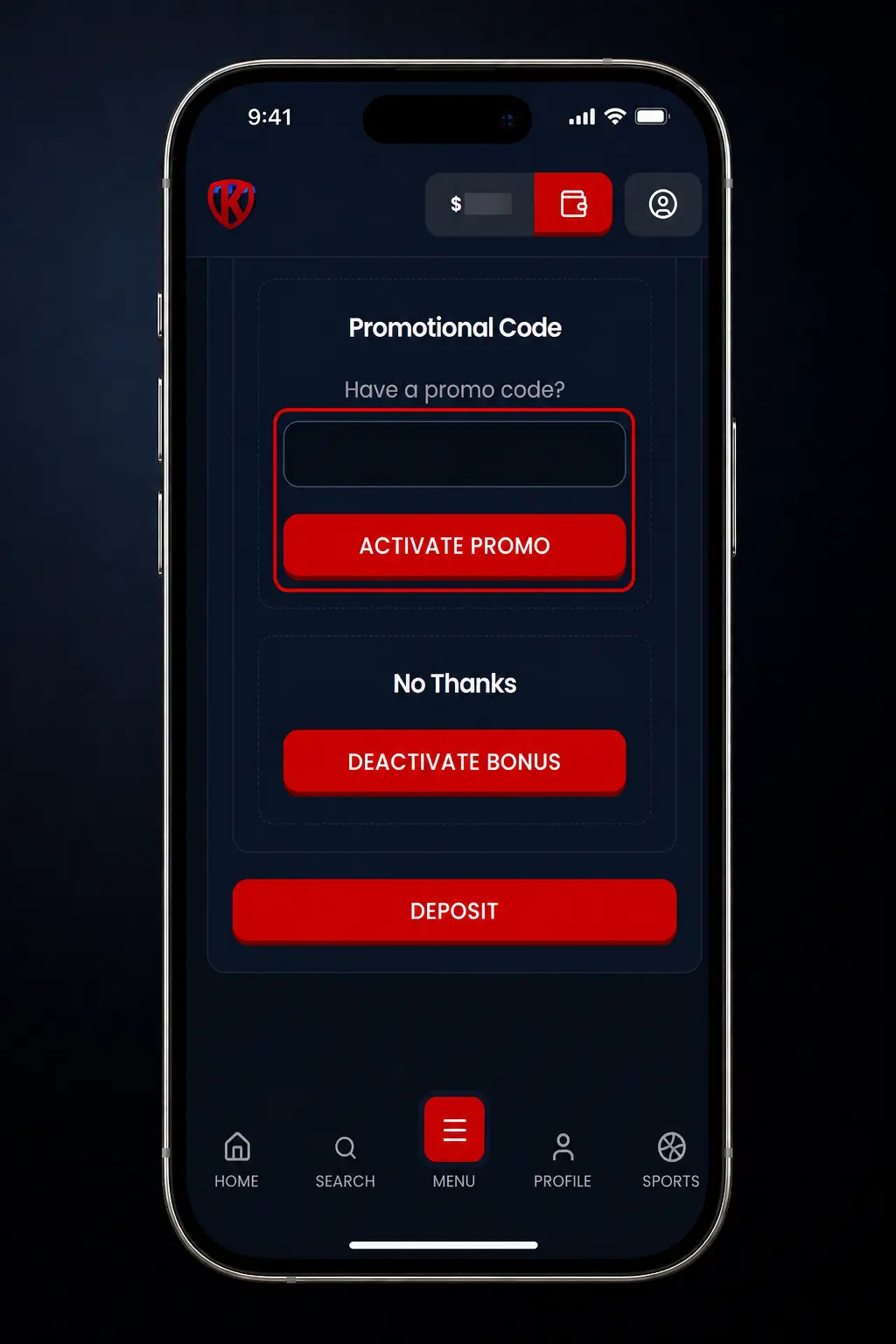 Kryptosino mobile app screen showing promo code entry field for bonus activation during deposit